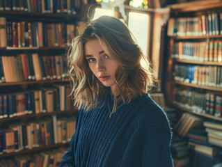 A woman is standing in a library with a book in her hand. She is wearing a blue sweater and has her hair in a ponytail. The scene is quiet and peaceful, with the woman looking directly at the camera