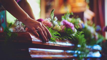Hand touching a coffin, last goodbye - obrazy, fototapety, plakaty