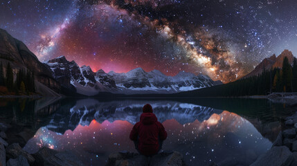 Man watching Aurora borealis and Milky Way over night lake and mountains