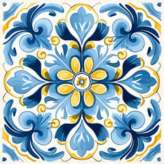 Fototapeta premium Pattern of azulejos tiles. Rustic blue and yellow tile watercolor seamless pattern.
