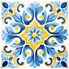 Pattern of azulejos tiles. Rustic blue and yellow tile watercolor seamless pattern.