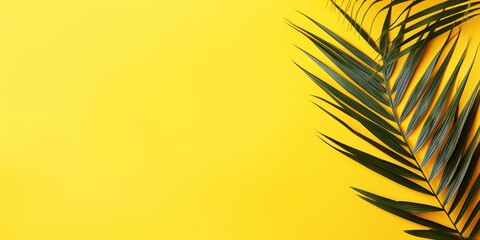 Palm leaf on a yellow background with copy space for text or design. A flat lay, top view. A summer vacation concept