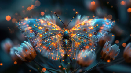 Beautiful unreal glowing butterfly close-up on magic flower