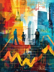 Vibrant cityscape with financial graphs overlay - This image combines a bustling urban backdrop with superimposed financial charts, representing the interplay of commerce and city life - obrazy, fototapety, plakaty