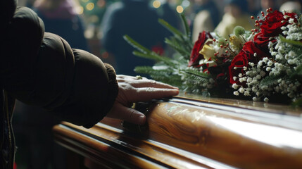 Hand touching a coffin, last goodbye