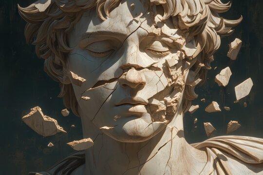 A broken marble statue of the Greek god Apollo head with pieces falling off