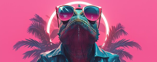 A chameleon wearing sunglasses against a neon colored background - obrazy, fototapety, plakaty