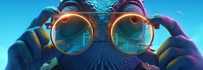 A chameleon wearing sunglasses on a blue and green gradient background - obrazy, fototapety, plakaty