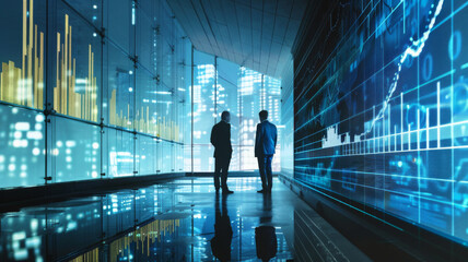 Silhouettes of businessmen in futuristic corridor - Two businessmen standing in a modern corridor with digital graphs and data projections, representing global economy