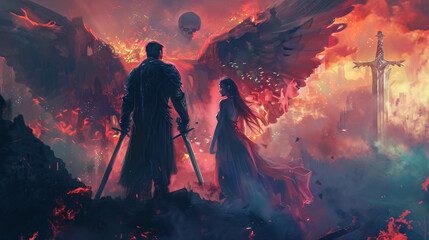 Fantasy scene   standing man with sword and young woman