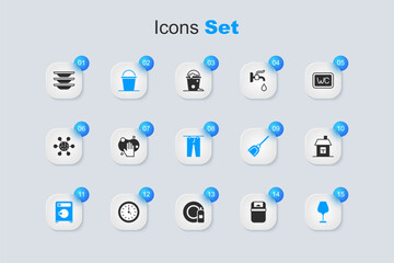 Set Trash can, Sponge, Bucket, Washer, Wine glass, House, Washing dishes and Drying clothes icon. Vector