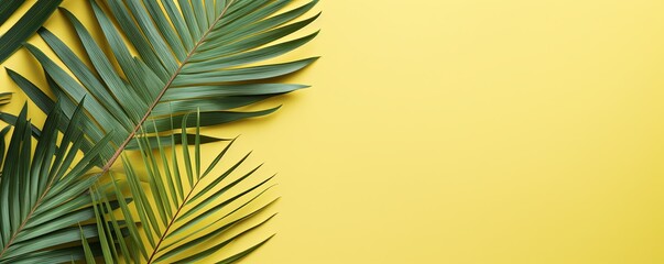 Palm leaf on an olive background with copy space for text or design. A flat lay, top view. A summer vacation concept
