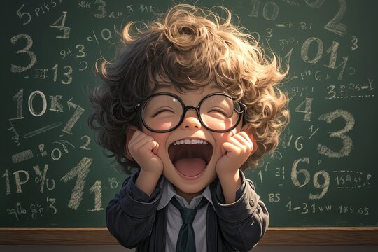 A child with glasses and tie, excitedly shouting in front of the blackboard with numbers written on it. The background is blurred