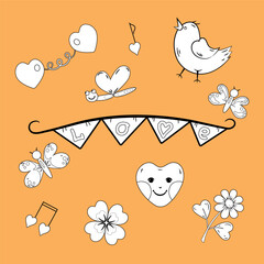 Love set. Cartoon illustrations with heart elements. Black and white on orange background