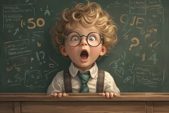 A child with glasses, tie and suspenders is excitedly looking at the chalkboard in front of him with his mouth open as he sees numbers on it