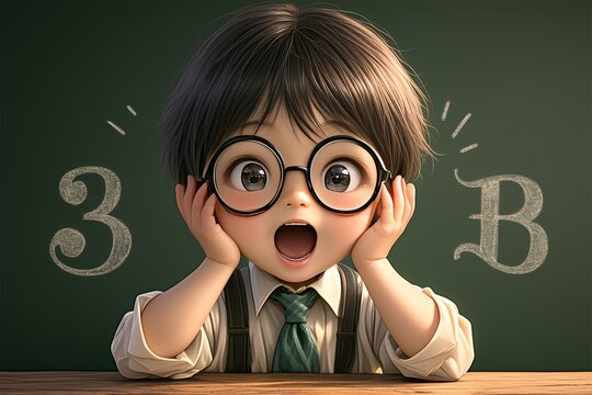 A child with glasses, tie and suspenders is excitedly looking at the chalkboard in front of him with his mouth open as he sees numbers on it