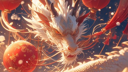 A Chinese dragon, surrounded by red lanterns  - obrazy, fototapety, plakaty