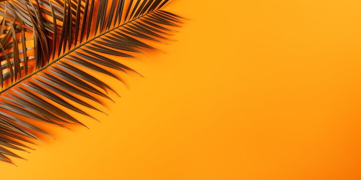 Palm leaf on an orange background with copy space for text or design. A flat lay, top view. A summer vacation concept
