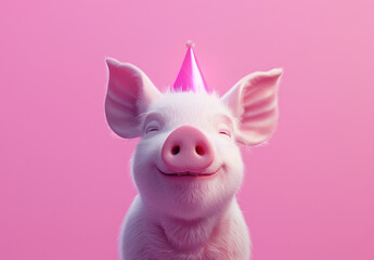 A white piglet wearing a party hat and bow tie smiles against a pink background