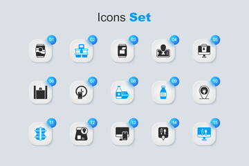 Set Cafe and restaurant location, Round the clock delivery, Coffee cup to go, Lunch box, Online ordering food, Soda can and icon. Vector