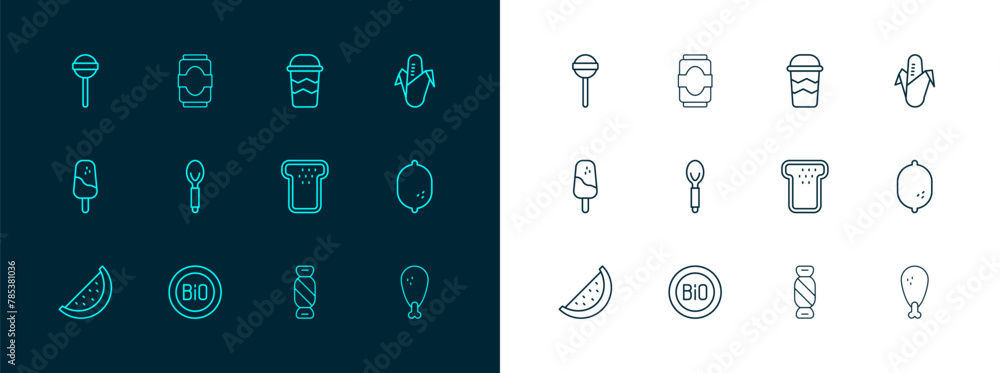 Poster Set line Corn, Banner for bio, Bread toast, Candy, Spoon, Coffee cup go, Lollipop and Soda can icon. Vector