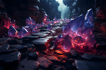 Beautiful crystal stones in the dark forest. Fantasy landscape. 3D rendering