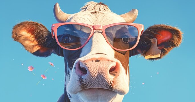 A cow wearing sunglasses against a blue background, creating an adorable and humorous composition. Commercial photo with soft light 