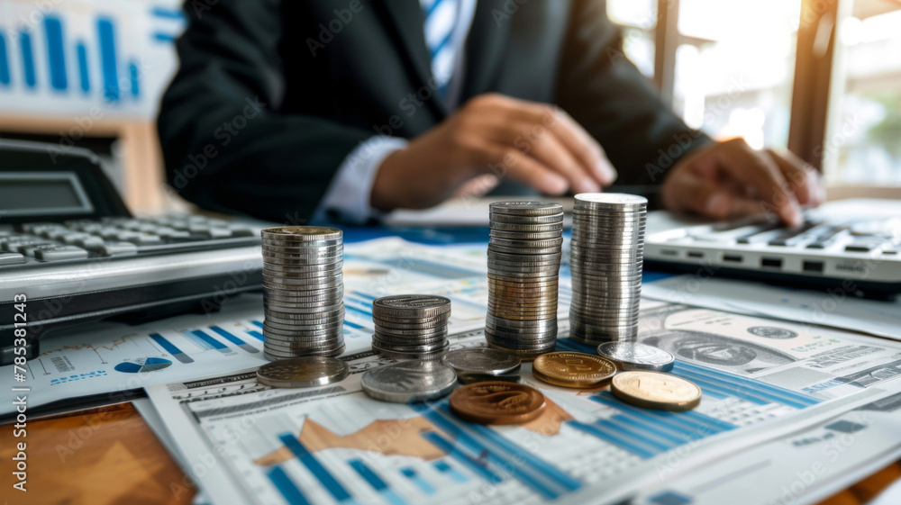 Poster coins stacked on financial charts with calculator - close-up of increasing coin stacks on financial 
