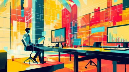 Illustrative Digital Art of Man at Computer Desk - Bold and brightly colored digital artwork of a man working at a computer in an abstract office setup