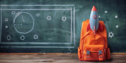 A rocket is flying in the air next to a school backpack