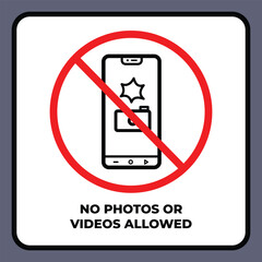 No photos or videos allowed sign age vector illustration banner with text icon isolated on square white background. Simple flat cartoon drawing.