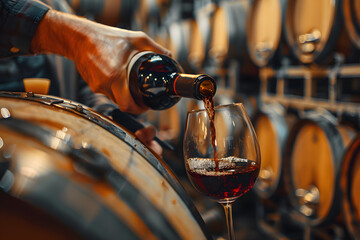 Person pouring wine from a wine barrel.  - obrazy, fototapety, plakaty
