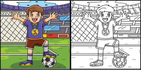 Soccer Boy Wearing Medal Coloring Illustration - obrazy, fototapety, plakaty
