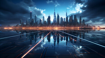 Futuristic city skyline at night with illuminated skyscrapers.