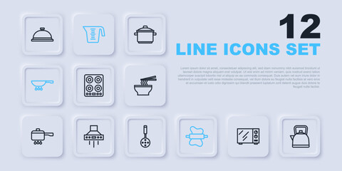 Set line Microwave oven, Kettle with handle, Gas stove, Rolling pin on dough, Frying pan fire, Kitchen extractor fan, Measuring cup and Spatula icon. Vector