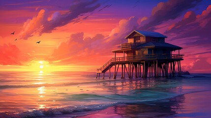 A secluded wooden hut perched on stilts above the gentle waves of the ocean, with the sound of seagulls echoing in the air and a fiery sunset