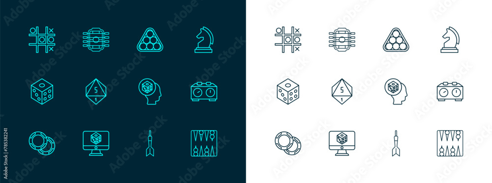 Poster set line chess, game dice, dart arrow, billiard balls in triangle, tic tac toe game and table footba