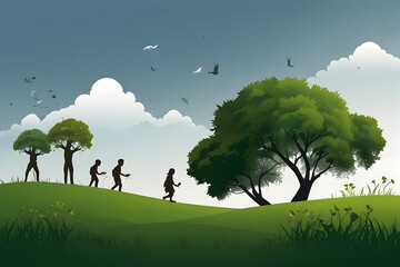 Obraz na płótnie Canvas Earth Day: Symbiosis of Humans and Nature - Simple Flat Vector Illustration Showing Nature Harmony on Isolated White Background