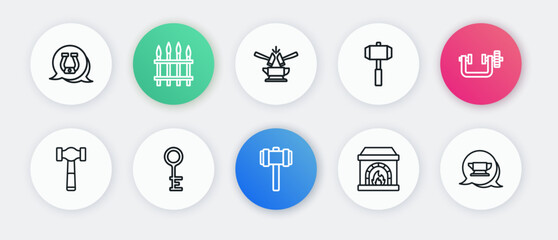Set line Sledgehammer, Clamp and screw tool, Hammer, Blacksmith oven, Anvil, anvil and Old key icon. Vector