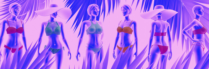 Female mannequin posing in variety of colorful swimwear on purple background. Swimwear fashion trends presentation. 3D Rendering, 3D Illustration