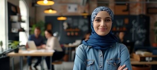 Fototapeta na wymiar Confident and approachable hijab wearing professional woman in sleek office setting