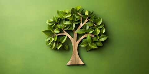 Wooden Tree Sculpture With Green Leaves on Green Background. Eco-Friendly Concept. Generative AI
