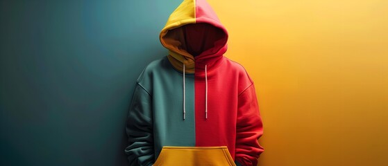 Large and multicoloured hooded sweater with space for an advertisement set against a colourful backdrop, Generative AI.