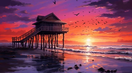Papier Peint photo Tailler A secluded wooden hut perched on stilts above the gentle waves of the ocean, with the sound of seagulls echoing in the air and a fiery sunset casting a warm glow over the horizon