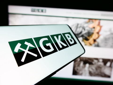 Stuttgart, Germany - 04-07-2024: Cellphone with logo of Austrian company GKB Bergbau GmbH in front of website. Focus on center-left of phone display.