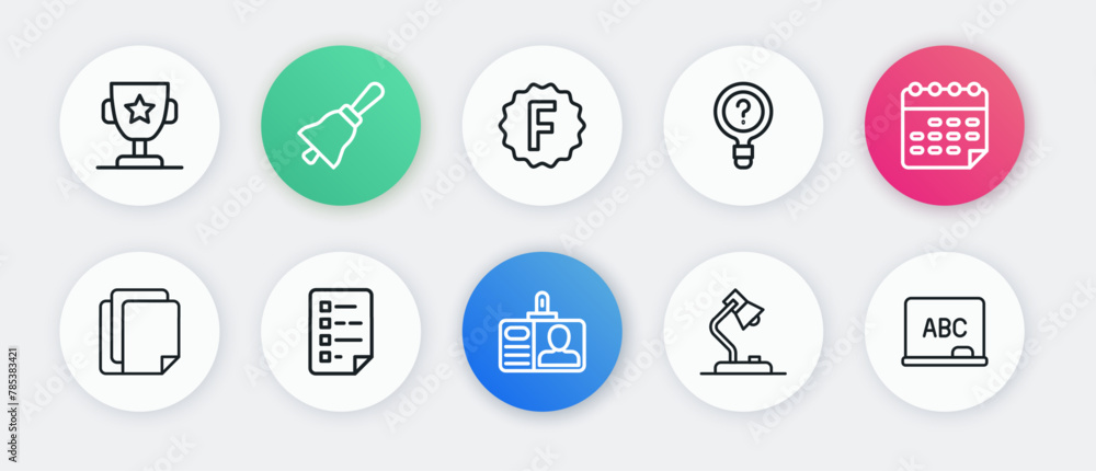 Poster set line identification badge, school timetable, file document, table lamp, unknown search, exam pap
