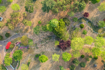 Aerial drone view. Spring scenery of the park. Spring scenery of Hamju Park in Haman-gun, South Gyeongsang Province, South Korea, is full of fresh green.	