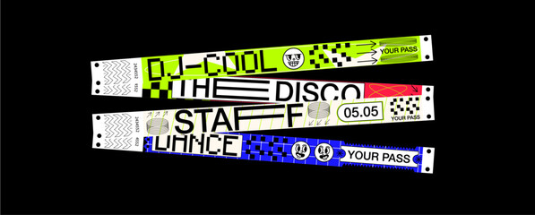 control bracelets for disco, dj, staff, dance bracelets, Vector mockup bracelets for a disco or party in a futuristic style.