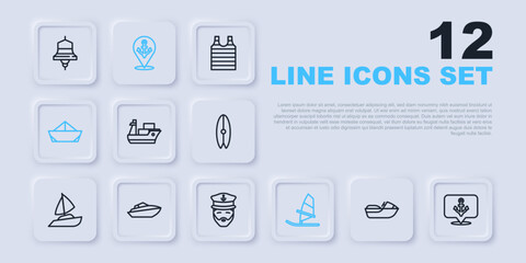 Set line Jet ski, Anchor, Cargo ship, Windsurfing, Folded paper boat, Speedboat, Location with anchor and Captain of icon. Vector