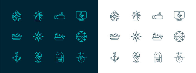 Set line Anchor, Location with anchor, Cargo ship, Inflatable boat motor, Wind rose, Submarine, Compass and Ship steering wheel icon. Vector